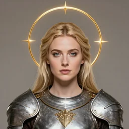 masterpiece head-on symmetrical centered portrait, Elisha Cuthbert as a paladin, blonde hair, prismatic golden halo, ornate iron armour, elegant, distant, in the style of Edgar Maxence and Ross Tran and Zdzisław Beksiński and Michael Whelan and Mucha and gustav dore and H.R. Giger, specular highlights, 8k, octane render