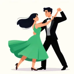 young woman in green dress dancing with tuxedo man, flowing black hair, beautiful faces, colorful, excelent composition, wide shot, clean cel shaded vector art, shutterstock, behance hd by lois van baarle, artgerm, helen huang, by makoto shinkai and ilya kuvshinov, rossdraws, illustration