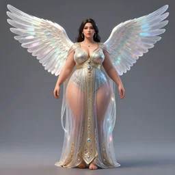 a beautiful symmetrical plus size woman full body wearing algerian kaftan with translucent  wings  by alex gray and android jones , Karol Bak, Ayami Kojima, Amano , concept art, character design, fantasy,3D, 8k resolution