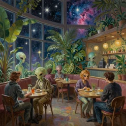 a beautiful cinematic view of a large cozy cafe filled with alien humanoids and tropical plants, stars and nebulas through the windows, moebius, thomas cole, patrick markle, oil on canvas, 8 k, 4 k, highly detailed