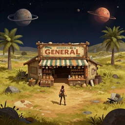 in front of a general store in a remote outpost, on an alien planet, from a space themed point and click 2 d graphic adventure game, set design inspired slightly by tomb raider, art inspired by thomas kinkade and [ [ mark keathley ] ]