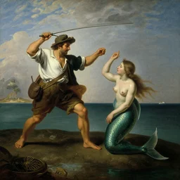 a fisherman harpoons a mermaid, dutch golden age oil painting masterpiece