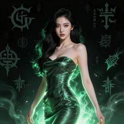 hyper realistic, the portrait of the absurdly beautiful, graceful, elegant, gorgeous, fashionable photorealistic ana de armas, anime fantastical runes scatter the background, slightly glowing energy in the pitch black, illuminated the figure from the bottom, green ethereal light, by kim jung gi, irakli nadar,