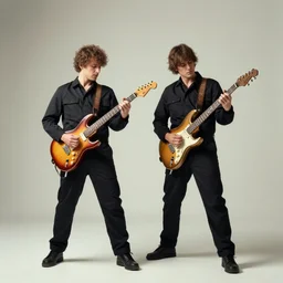 two men in jumpsuits playing electric guitar