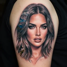 tattoo design sketch with double exposure effect, megan fox face faded with beautiful mountain scenery, in the style of matteo pasqualin, amazing detail, mash up