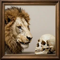 a still photography of a lion skull and a young male human skull facing each other, detailed, 4k, fantasy, framed