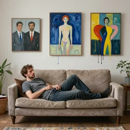 a man reclines on a sofa in a domestic interior by james jean and luc tuymans and beeple and hernan bas and pat steir and hilma af klint, psychological, 3 d, dripping paint, high quality render, masterpiece