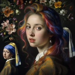a closeup portrait of one beautiful kpop goddess with swirling coloured hair and a wall of flowers behind her, painted by diego velazquez and rachel ruysch and vermeer and ambrosius bosschaert, hyperrealism, dark, dramatic lighting, analogous complementary colour scheme, trending in artstation, octane, rendered