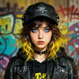 highly detailed portrait of a sewer punk lady student, blue eyes, leather hoody, hat, wavy hair by atey ghailan, by greg rutkowski, by greg, tocchini, by james gilleard, by joe fenton, by kaethe butcher, gradient yellow, black, brown and cyan color scheme, grunge aesthetic!!! ( ( graffiti tag street background ) )