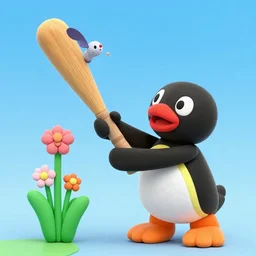 pingu hitting a flower with baseball bat, claymation