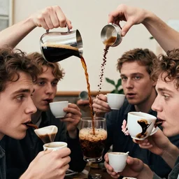 incredible absurd surreal closeup photoshoot advertisement for coffee, people enjoying coffee in the style of tim walker and by denis villeneuve, people pouring coffee on each other, celebration of coffee products, faces of too much caffeine, vsco film grain