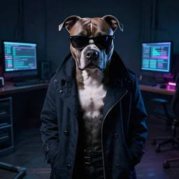 an edgy pitbull in a dark room being a deepweb hacker, wearing sunglasses and a dark coat
