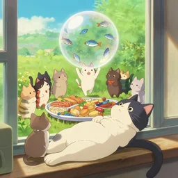 realistic photo of a cat laying on a windowsill with a dream bubble floating over his head in the style of ghibli filled with anthropomorphic cats dancing around a feast of fish