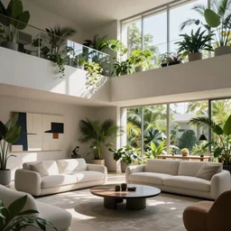 interior of luxury condominium with minimalist furniture and lush house plants and abstract wall paintings | modern architecture by makoto shinkai, ilya kuvshinov, lois van baarle, rossdraws and frank lloyd wright