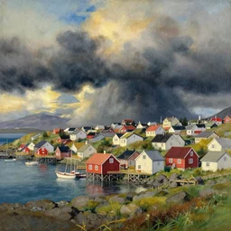 a beautiful painting of a icelandic fishing village, storm clouds gathering over the town, by studio ghibli 8 k pastel colours, smeared watercolours, golden light film grain