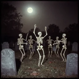 a group of skeletons dancing on graves in the moonlight on a graveyard, old photo, pinhole camera, vintage photography