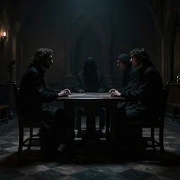 Occult shadow figures of men inside a freemasonic lodge with a chequered floor conversing around a table in secrecy, moody and atmospheric, dramatic scene, dimly lit room, cgsociety, 8k resolution, trending on artstation, octane render by Quint Buchholz, Pieter Claesz and Edward hopper