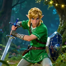 epic cinemati shot of Timothee Chalamet starring as Link from Legend of Zelda, 8k movie scene, elf ears, long blonde blonde hair, green clothes, blue eyes, ++++++ super super super dynamic action posing, super serious facial expression, holding a sword & shield, ocarina of time movie, concept photos, dynamic lighting, dynamic shaders, night time, in the forest, fairy light above him
