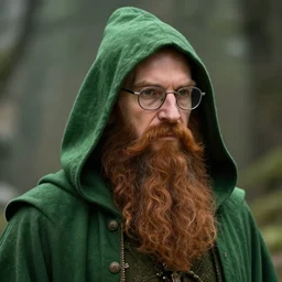 green hooded wizard with a long brown beard wearing glasses, realistic, 8 k, extremely detailed, cgi, trending on artstation, hyper - realistic render, by greg rutkowski