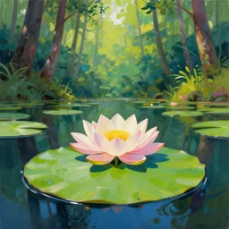 a forest atmosphere floating on a large lily pad, photoillustration ink drawing acrylic art digital illustration oil on canvas photorealistic polished sci - fi filmic stock photo landscape polished photorealistic, by moebius and edward hopper, vivid bright light, colorful flat surreal design, hd, 4 k, artstation