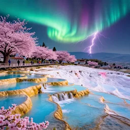 kyoto street on pamukkale thermal waters flowing down gold travertine terraces in royal blue antelope canyon during sakura season on an interstellar aurora borealis with heavy thunder and lightning, pink waterfalls, flowers, by peter mohrbacher, james jean, james gilleard, greg rutkowski, vincent di fate, rule of thirds, octane render, beautiful landscape