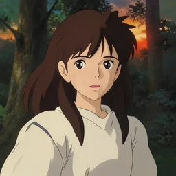 portrait bust of woman, komorebi, forest background, long brown hair, cloth, princess mononoke, 4 k, greg rutkowski, high detail, dramatic lighting, sunset, hayao miyazaki, masashi ando, nizou yamamoto, kazuo oga, joe hisaishi, yoji takeshige, naoya tanaka