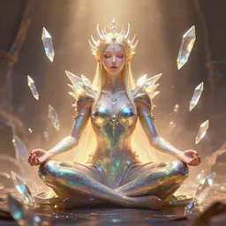 a photo of 8 k ultra realistic corrupted rainbow shard humanoid queen meditating, swarm of transparent glass shards, d & d, fantasy, cinematic lighting, highly detailed, artstation, concept art, smooth, sharp focus, illustration, warm light, cozy warm tint, magic the gathering artwork, volumetric lighting, art by akihiko yoshida, greg rutkowski