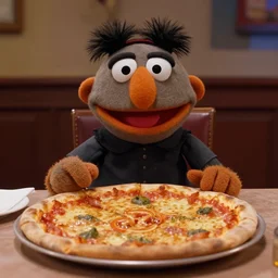 an original muppet character sitting at a table with pizza in the style of the dark crystal