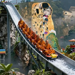 laughing!!!!!!!!!!!!!!!!!!! and buddhist monks sliding down a huge theme park waterslide at edge of the world by waterhouse, craig mullins, ruan jia, gustave klimt