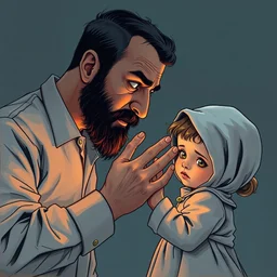 a father is terrified of his daughter touching his hand, by yehuda devir, high detailed, jude _ devir