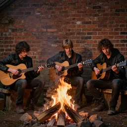stalkers from the game s. t. a. l. k. e. r are sitting by the campfire with guitars near a brick wall, realism, maximum detail, high quality, good study of style, depth of field, focus, a picture of classicism