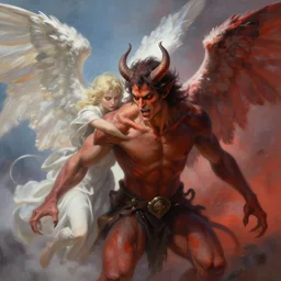 a demon and an angel deom is afraid of the angel painting, good vs evil, highly detailed, digital painting, smooth, beautiful angle, weak demon, sharp focus, illstration, ultra realistic, dmon vs angle, heaven vs hell, 8 k, strong and powerful confident angle