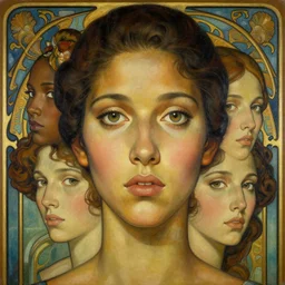 an art nouveau, ( streamline moderne ), multi - ethnic and multi - racial portrait in the style of charlie bowater, and donato giancola, and charles dulac. very large, clear, expressive and intelligent eyes. symmetrical, centered, ultrasharp focus, dramatic lighting, photorealistic digital painting, intricate ultra detailed background.