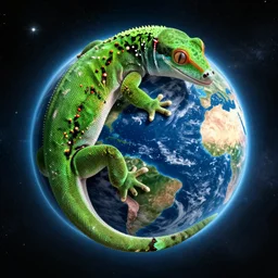 an enormous green gecko hugging planet earth, space background