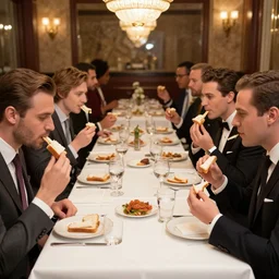 a group of well dressed gentleman eating toothpast toasts in a fancy restaurant,