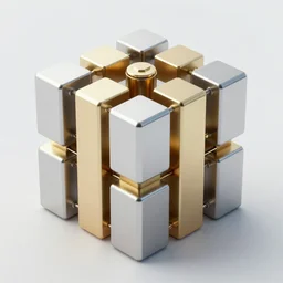 3D render of a 4D tesseract. chrome and brass