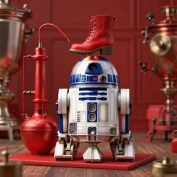 moonshine still distiller and samovar with boot on top a inspired by r 2 d 2, diesel - punk, ussr style. gavin manners, artstation, red color, depth of field, detailed and intricate environment, 8 k resolution, hyper realistic, octane render, hd