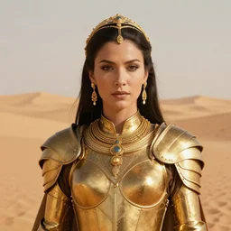 dejah thoris on mars wearing detailed plate armor made of gold, portrait, close - up, high noon, gold jewelry, elegant small tiara, giant sand dunes to the horizon, fantasy, sc - fi movie poster from the 4 0's