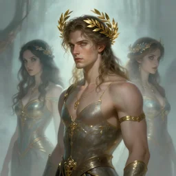 a masculine elegant man from sideview with large shoulders, armor, and wearing golden laurel wreath, ethereal horror fantasy art by greg rutkowski and magali villanueve and monet con