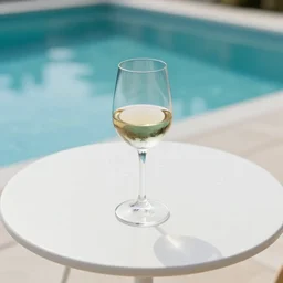 5 5 mm photo of glass of whitewine on a zen minimalist round white table with gorgeous pool in the background. highly detailed 8 k. intricate. lifelike. soft light,