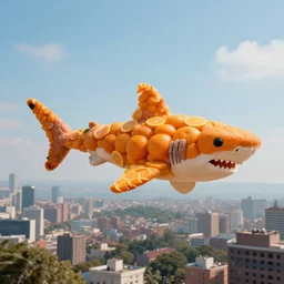 a shark made of oranges flying over a city