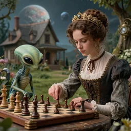 detailed, sharp, a girl playing chess with her pet alien creature, wearing 1860s era clothes, in the garden of a house on an alien planet, steampunk, extremely highly detailed, hyperrealistic, highly detailed faces, 70 mm still from a period sci fi movie, 4k, HD