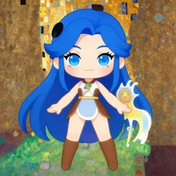 female warrior, fantasy setting, smile, symmetrical eyes, blue hair, symmetrical face, full body action pose, gustav klimt, loish, kawaii
