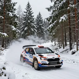 a 2 0 0 2 mine's skyline, racing through a rally stage in a snowy forest