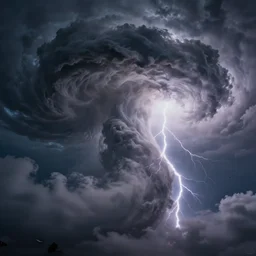 a huge maelstrom, bellowing clouds, lightning, moody lighting, volumetric lighting, 8 k