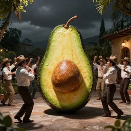 a crowd of mexicans dancing around a giant avocado in a wedding,