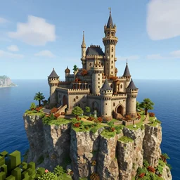 realistic steampunk minecraft castle on a cliff overlooking the red sea
