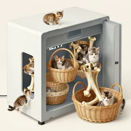 a perfectly organised schematic for a machine to ingest kittens and output woven baskets made of cat fur and bones.