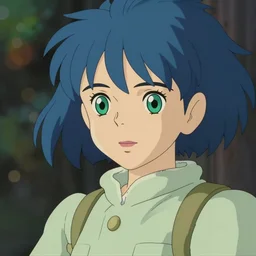 anime fine details portrait of anime girl with blue hair, green eyes and cozy outfit, bokeh. anime masterpiece by studio ghibli. 8 k, sharp high quality classic anime from 1 9 9 0 in style of hayao miyazaki