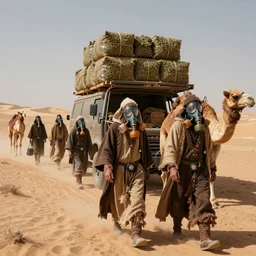 several stoner merchants in robes with integrated bong gas mask appliances, trucking bales of herbs across an alien desert with camel-like creatures in tow. Album art by Arik Roper